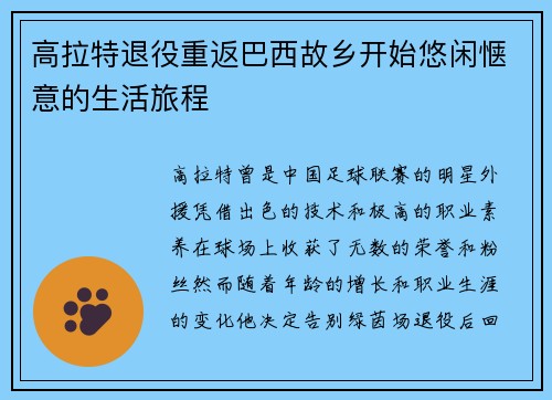 高拉特退役重返巴西故乡开始悠闲惬意的生活旅程